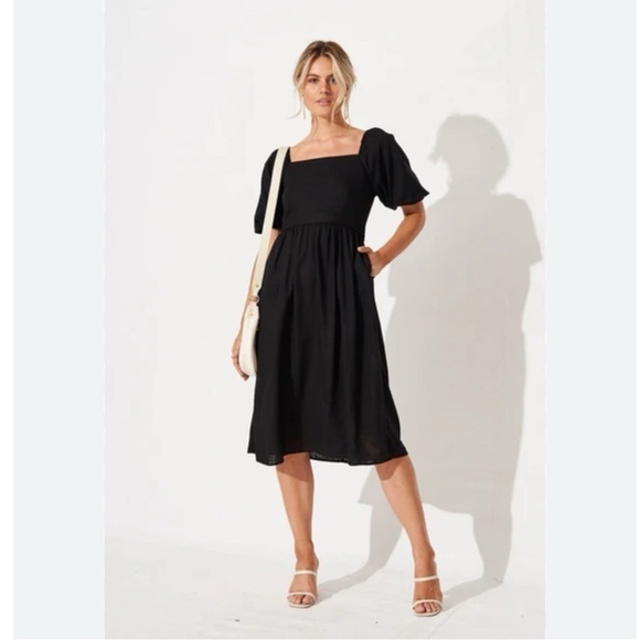 Boden Sky Smocked Short Sleeve Linen Midi Dress - Picture 2 of 16